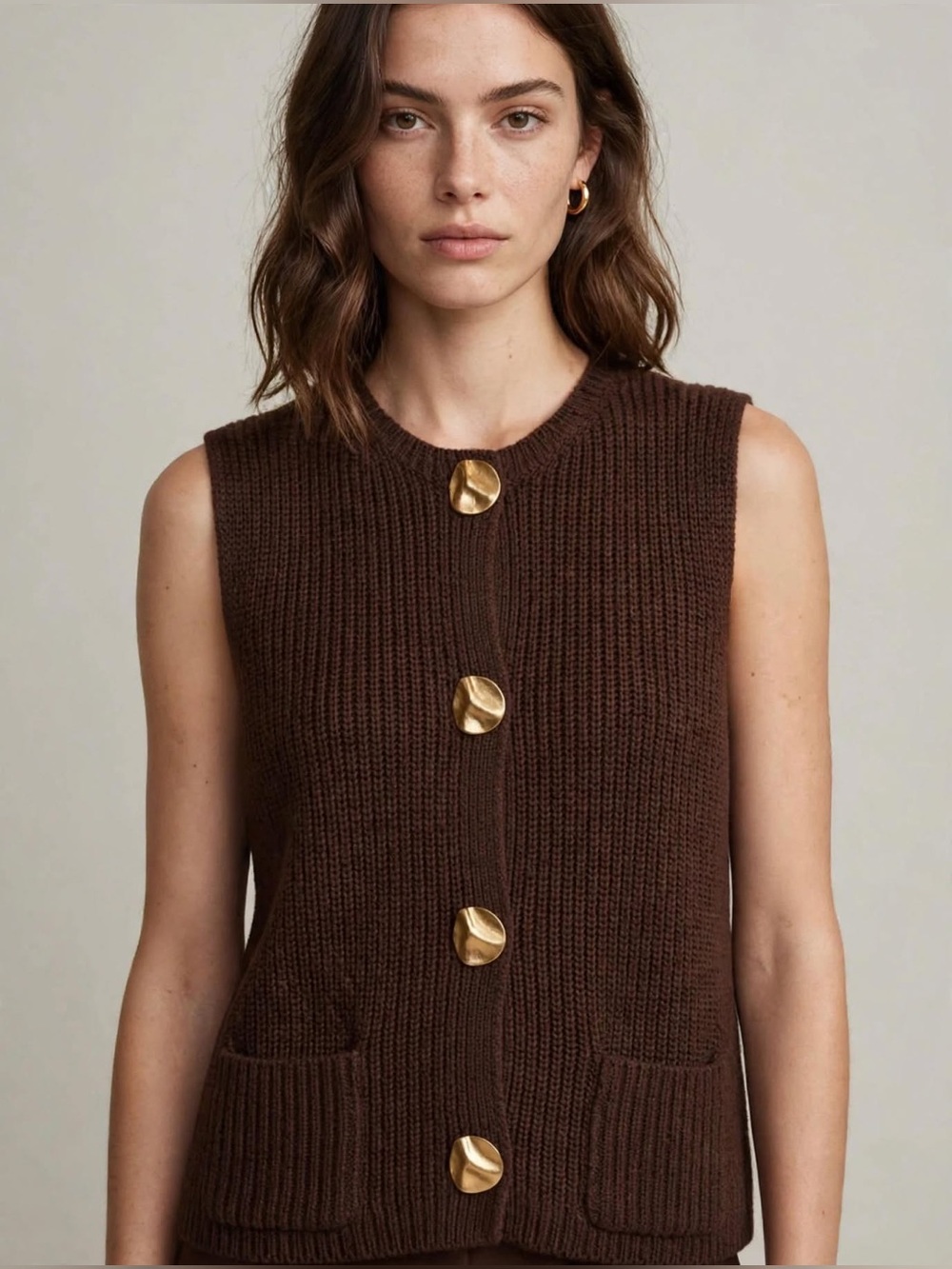 Sleeveless Knit Button-Front Sweater Vest in Dark Brown